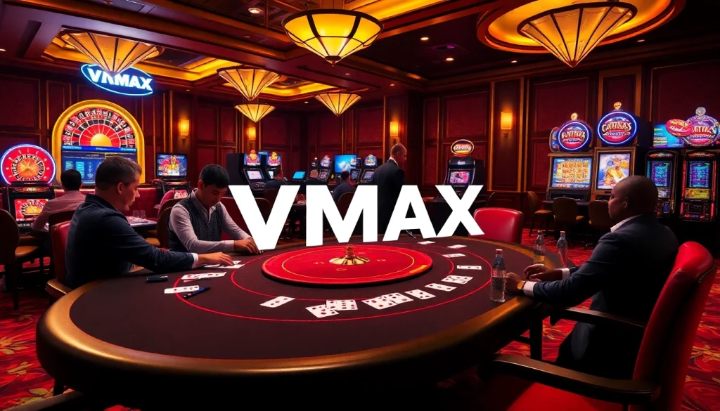 VMAX gaming experience featuring high-stakes poker tables and elegant slot machines.