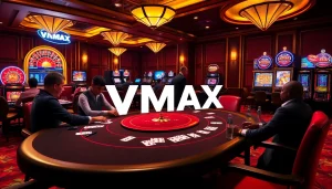 VMAX gaming experience featuring high-stakes poker tables and elegant slot machines.