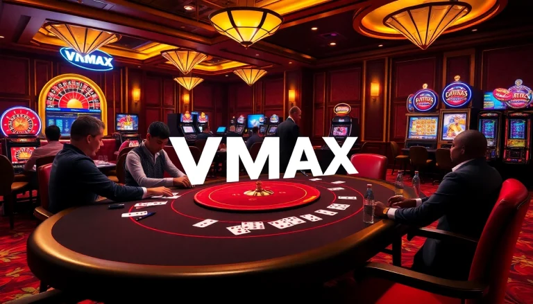 VMAX gaming experience featuring high-stakes poker tables and elegant slot machines.