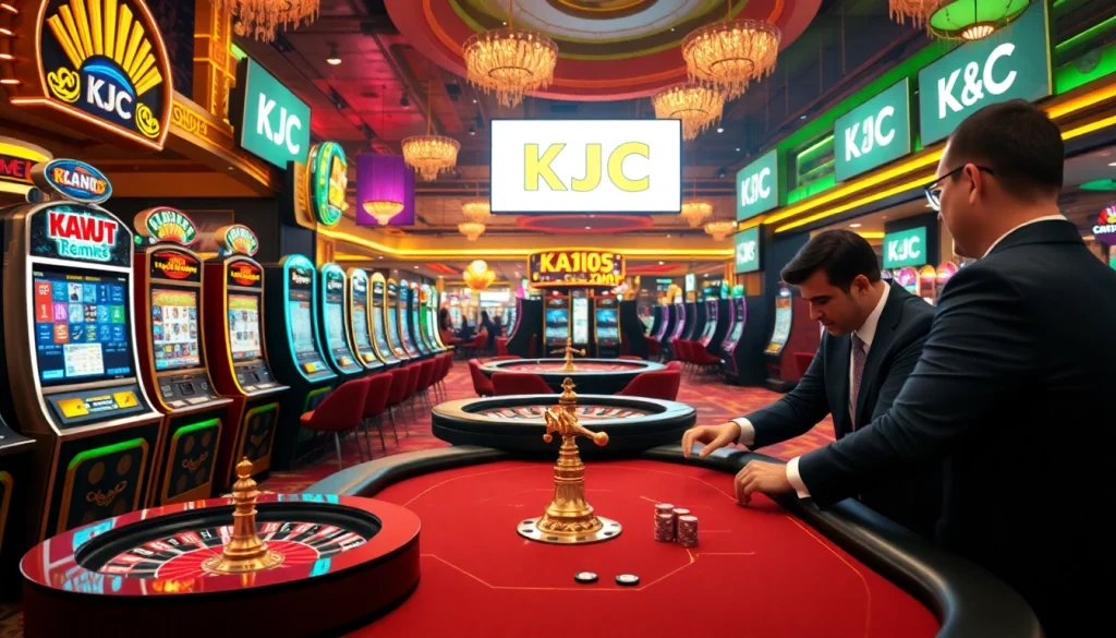 A luxurious casino environment showcasing KJC branding with poker tables, vibrant slot machines, and roulette wheels.