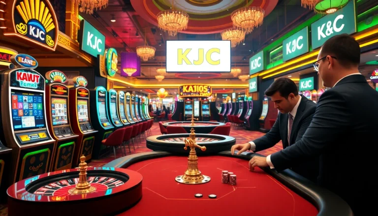 A luxurious casino environment showcasing KJC branding with poker tables, vibrant slot machines, and roulette wheels.