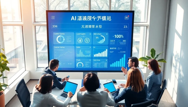 现代办公室中，呈现美洽官网 AI 客服平台，展示团队协作与数字分析。