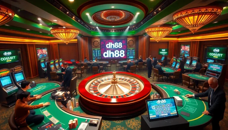 Engage in thrilling action at dh88's luxurious casino tables with players and vibrant slot machines.