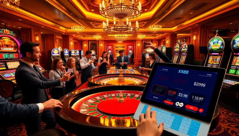 Scene of gamblers enjoying a lively casino experience at XX88, featuring a roulette table and vibrant atmosphere.