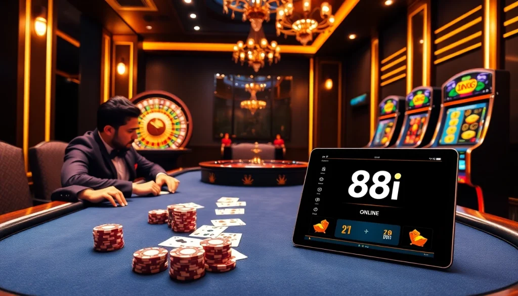 Exciting casino action with professional poker players at the 88i gaming table surrounded by slot machines.