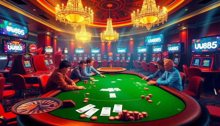 Engage in thrilling poker action at a high-stakes casino featuring uuu885 branding on digital screens.