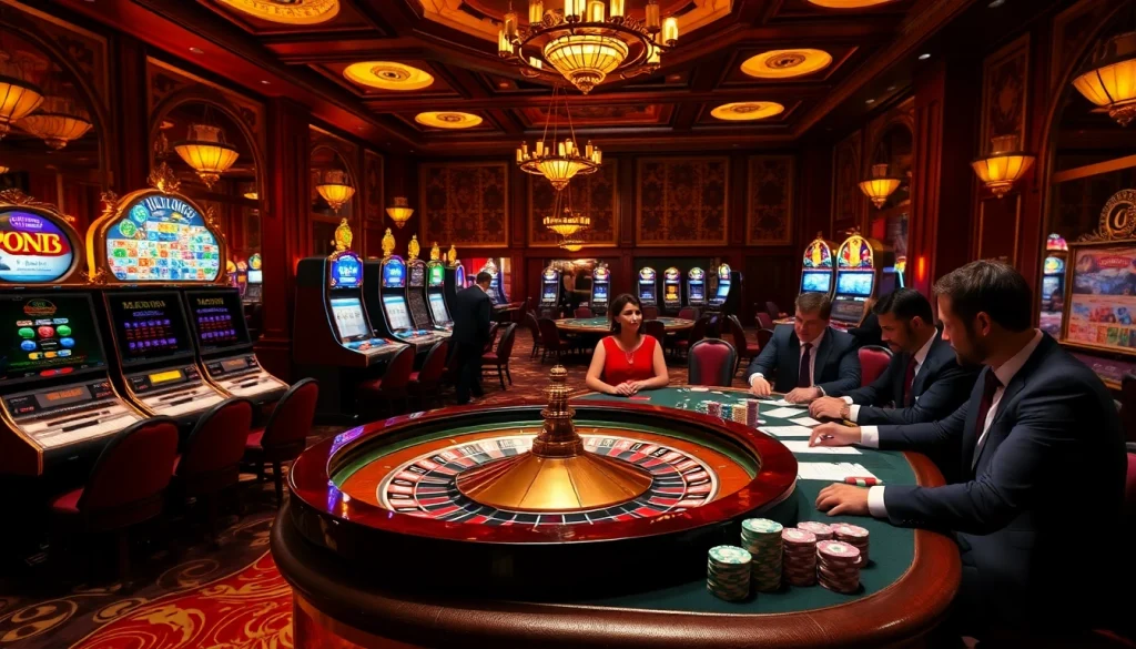 Experience the thrill of gambling at https://s80web.com/ with a vibrant casino scene featuring an ornate roulette wheel.