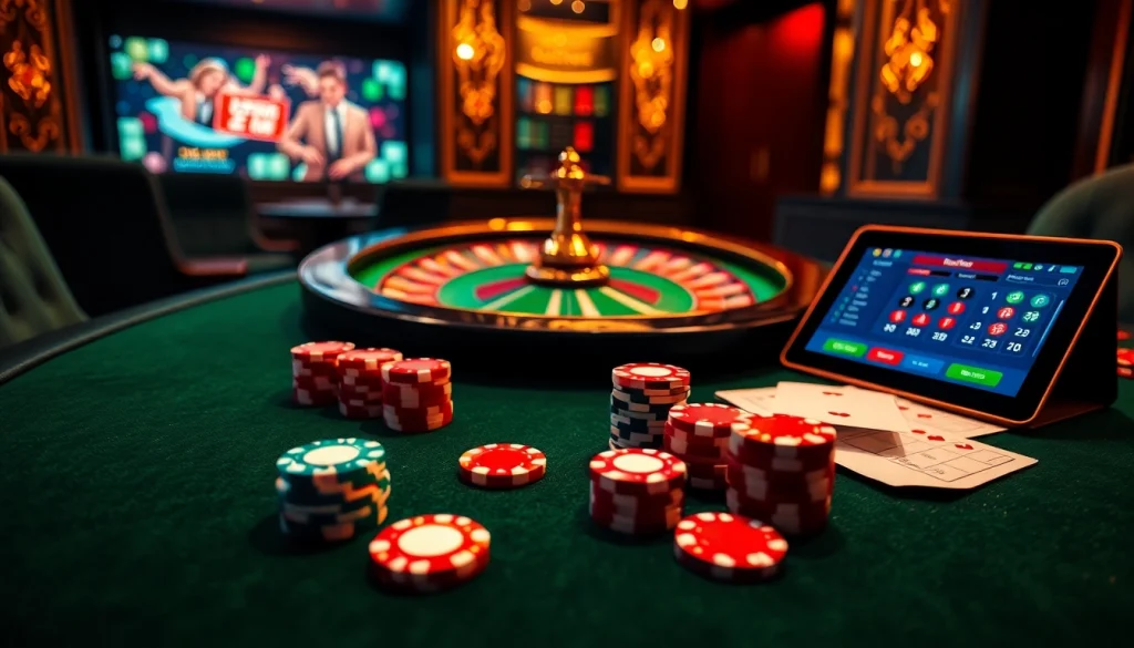Players enjoy a thrilling poker game at 222bd one casino, showcasing vibrant chips and cards.