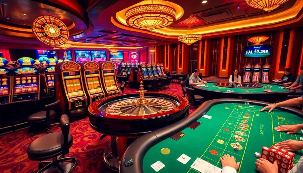 Experience the thrill of FLY88 Trang Chủ with a vibrant casino scene featuring tables and slot machines.