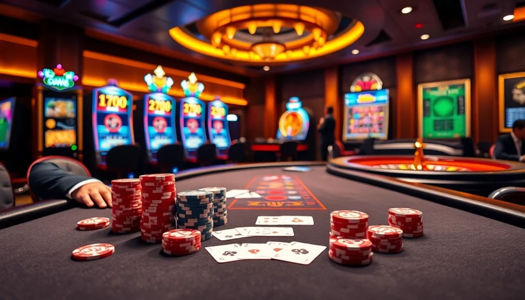Experience the thrill of cm88 in a luxurious casino setting with vibrant poker chips and cards.