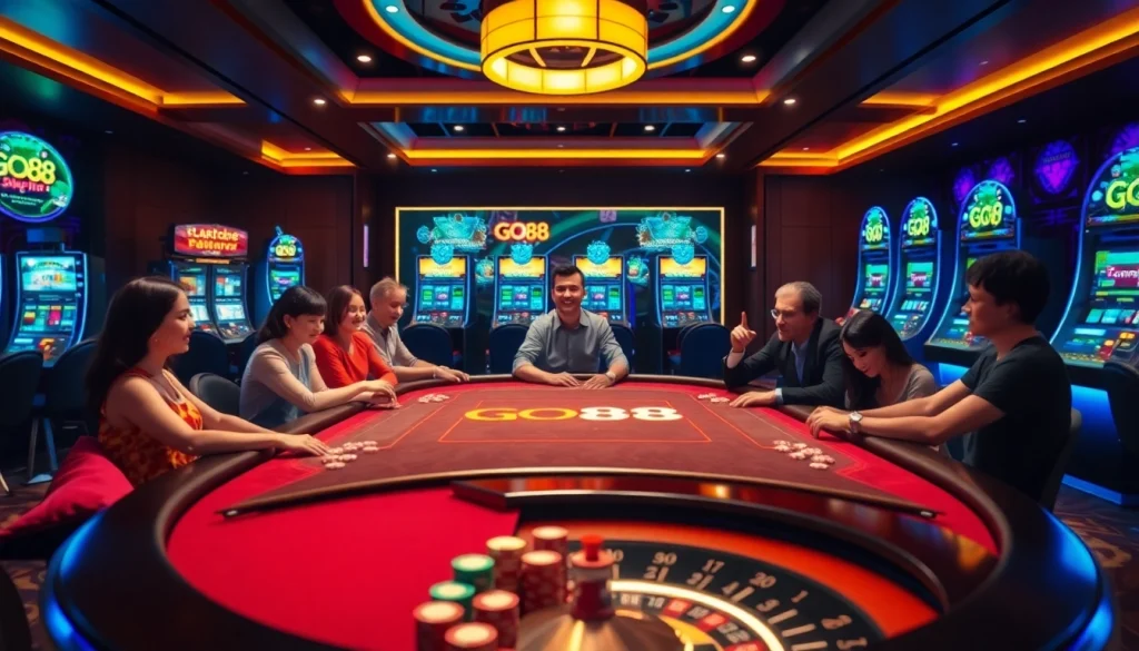 Experience excitement at a GO88 poker table surrounded by colorful chips and high-energy players in a luxurious casino setting.