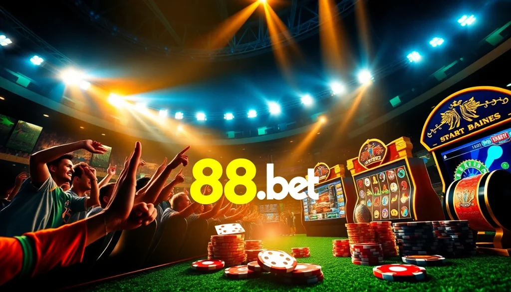 Vibrant sports betting scene showcasing the excitement of 888b.bet with modern casino elements.