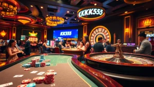 Players enjoying the thrill of gambling at a casino table featuring the KK55 chip design.