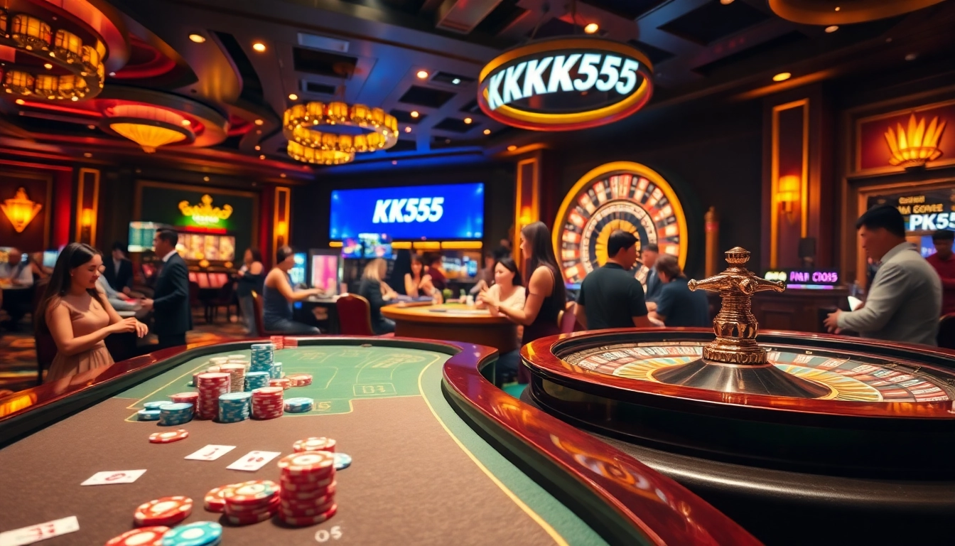 Players enjoying the thrill of gambling at a casino table featuring the KK55 chip design.