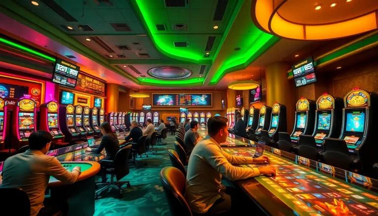 Experience the excitement of stimmgewitter.org with vibrant online gaming visuals showcasing players in a luxurious casino.