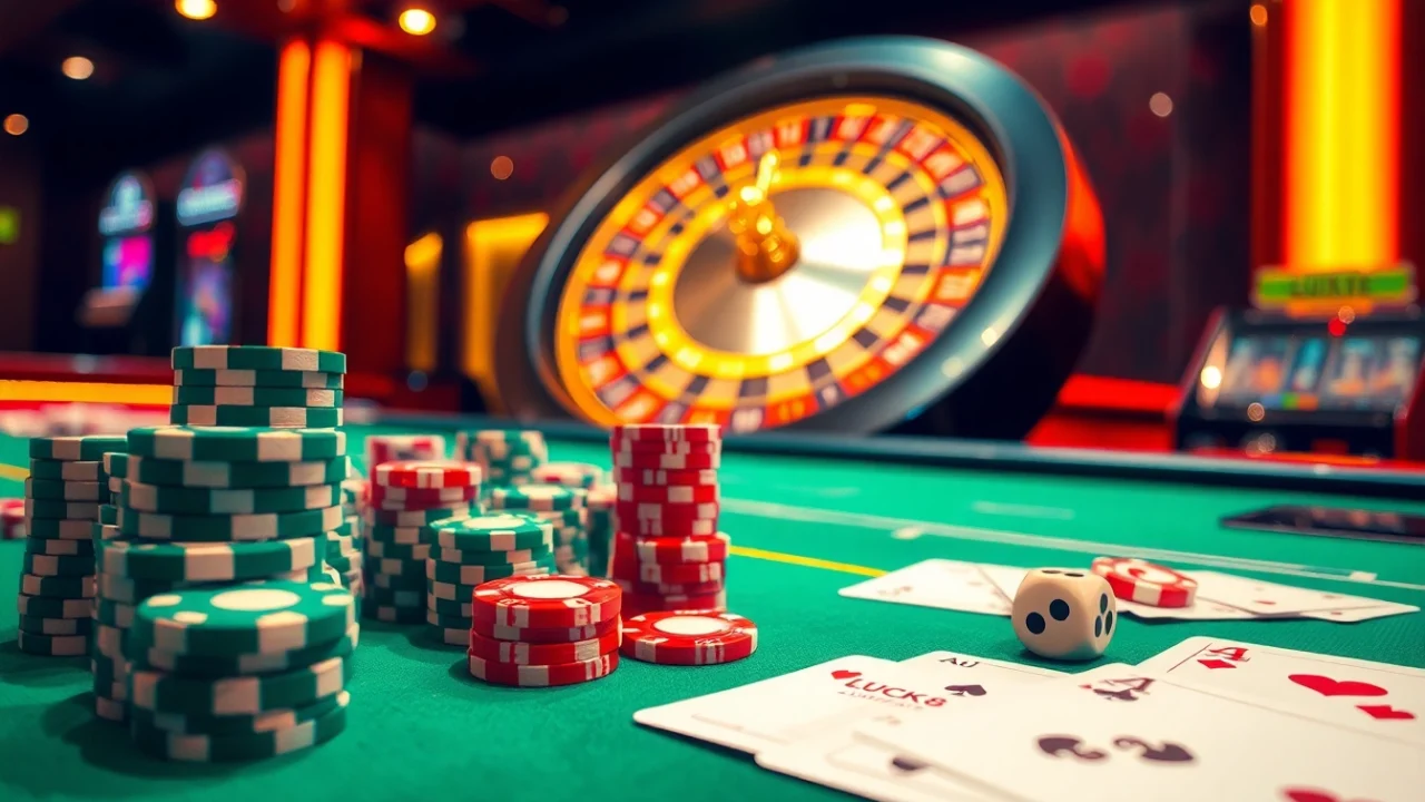 Trải nghiệm cảm giác hồi hộp của LUCK8 và LUCKY8 tại bàn casino sinh động, tràn ngập những chip và lá bài chiến thắng.