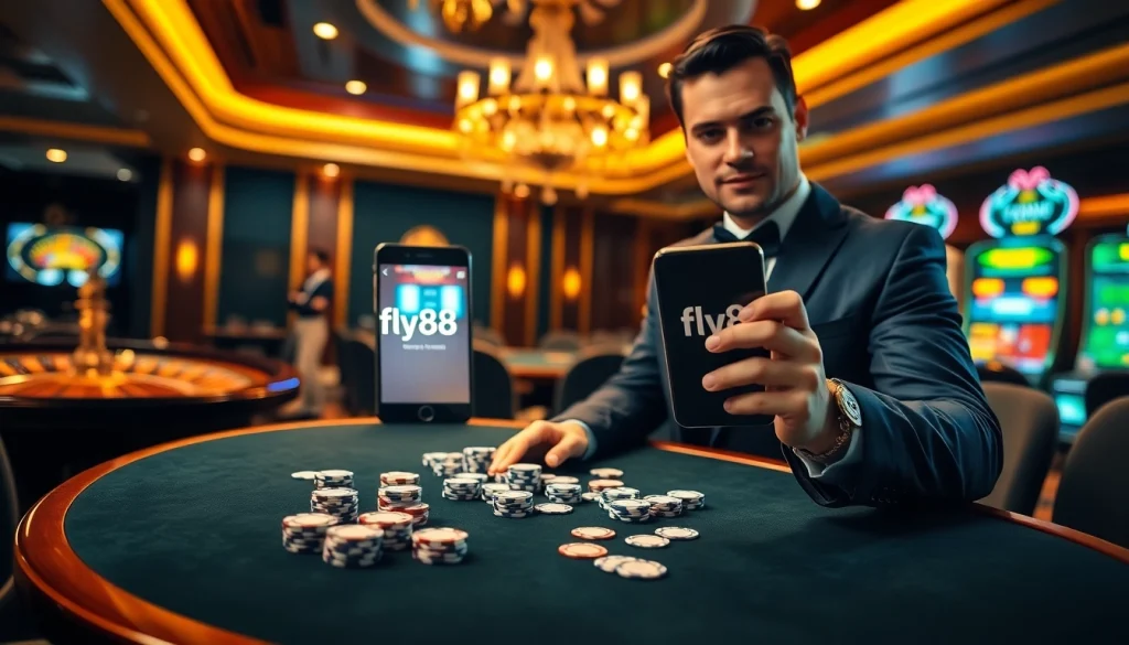 Experience luxury gambling at fly88 with vibrant casinos, poker chips, and roulette.