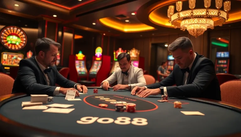 Players engaging in an exciting poker game at go88 casino, showcasing chips and cards.