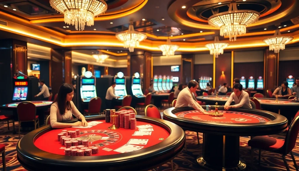 Experience the thrill of gambling at nhà cái FLY88 with luxurious casino tables and vibrant gameplay.