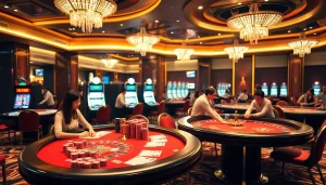 Experience the thrill of gambling at nhà cái FLY88 with luxurious casino tables and vibrant gameplay.