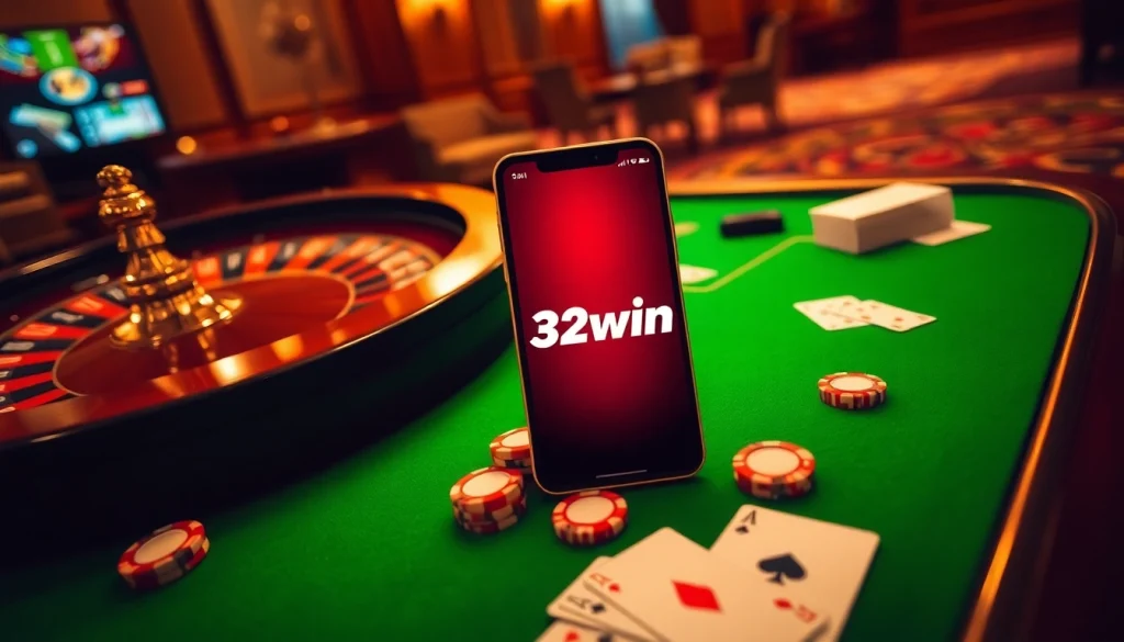 Experience the thrill of gambling with the 32win App displayed on a smartphone amidst a luxurious casino scene.