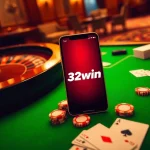 Experience the thrill of gambling with the 32win App displayed on a smartphone amidst a luxurious casino scene.