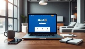 在现代工作空间的笔记本屏幕上显示 QuickQ官网，展示安全的互联网访问。