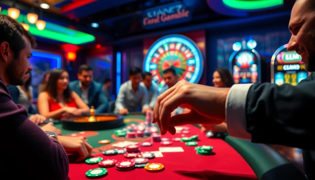 fun79 players enthusiastically engaging in a poker game at a luxurious casino table