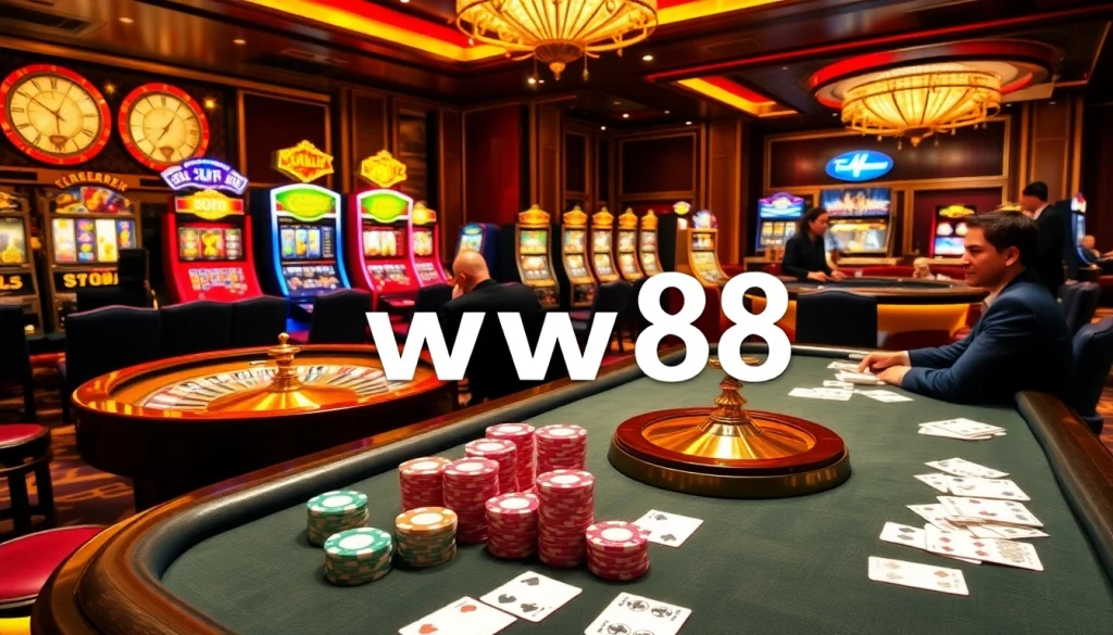 Experience excitement at the ww88 casino, featuring vibrant poker chips and a spinning roulette wheel.