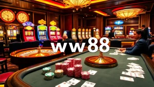 Experience excitement at the ww88 casino, featuring vibrant poker chips and a spinning roulette wheel.