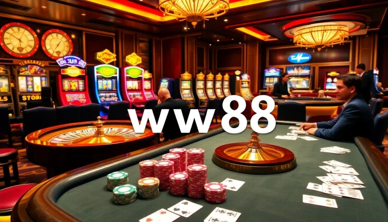 Experience excitement at the ww88 casino, featuring vibrant poker chips and a spinning roulette wheel.