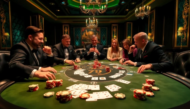 Players enjoying the excitement of high-stakes poker at 79king casino, showcasing vibrant chips and cards.