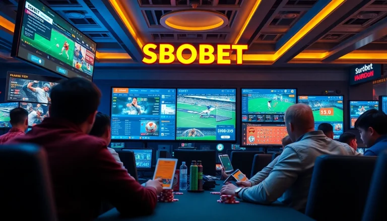 SBOBET.dance: Engaging online gaming scene with players enjoying diverse betting activities, showcasing modern UI and vibrant atmosphere.