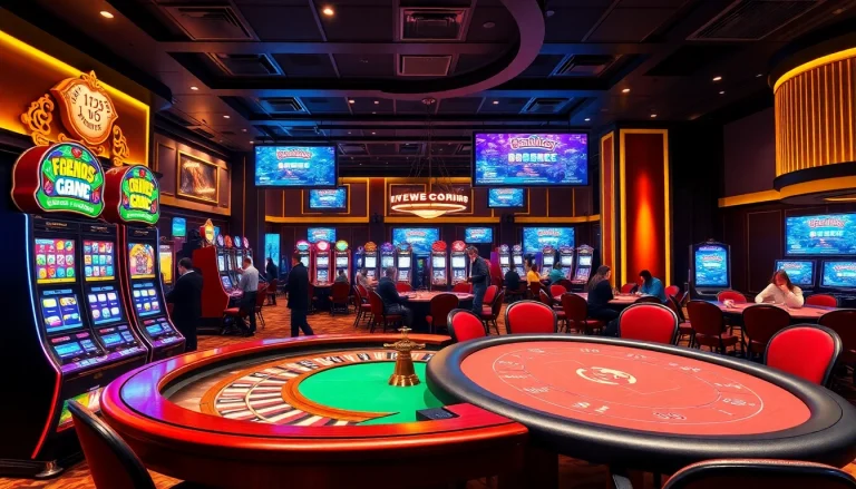 Experience the excitement at five88bc.com with a vibrant casino scene featuring poker and slot machines.