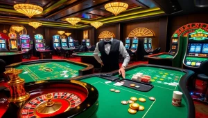 Experience the excitement of NK88 in a luxurious casino atmosphere with roulette and poker tables.