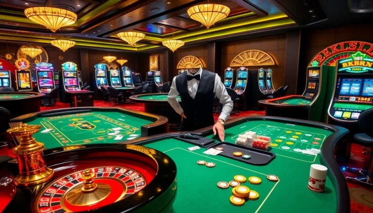 Experience the excitement of NK88 in a luxurious casino atmosphere with roulette and poker tables.