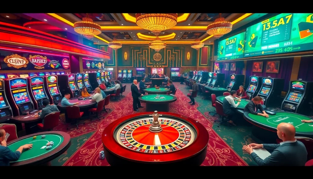 A lively casino environment showcasing xin88 com with poker tables and roulette wheels.