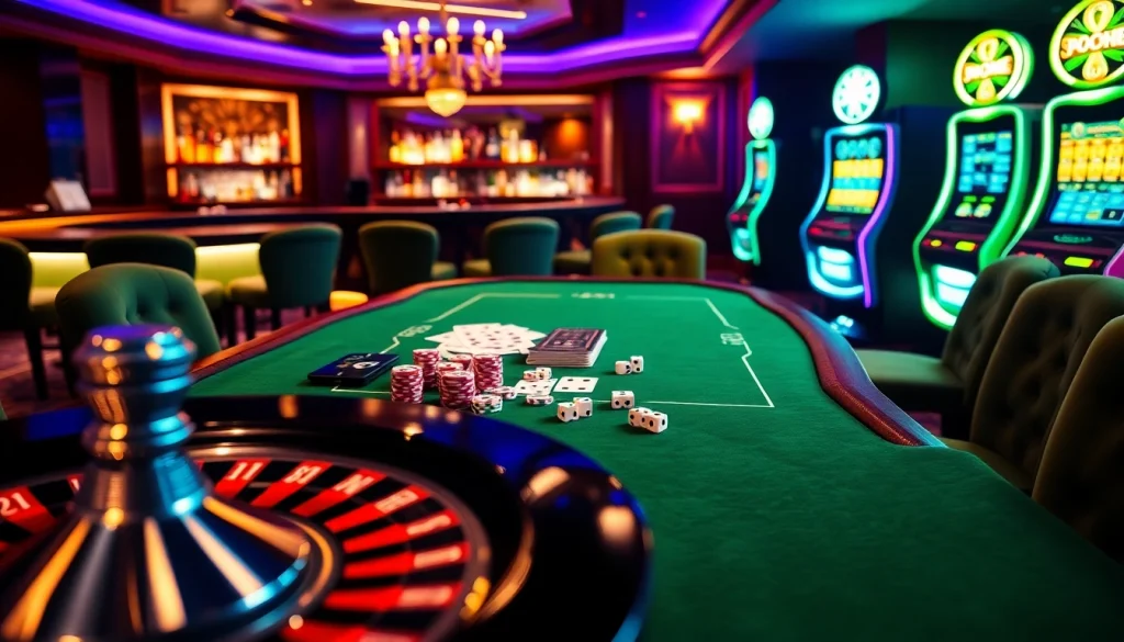 Experience high-stakes excitement at GO8 with vibrant casino tables and spinning roulette wheels.