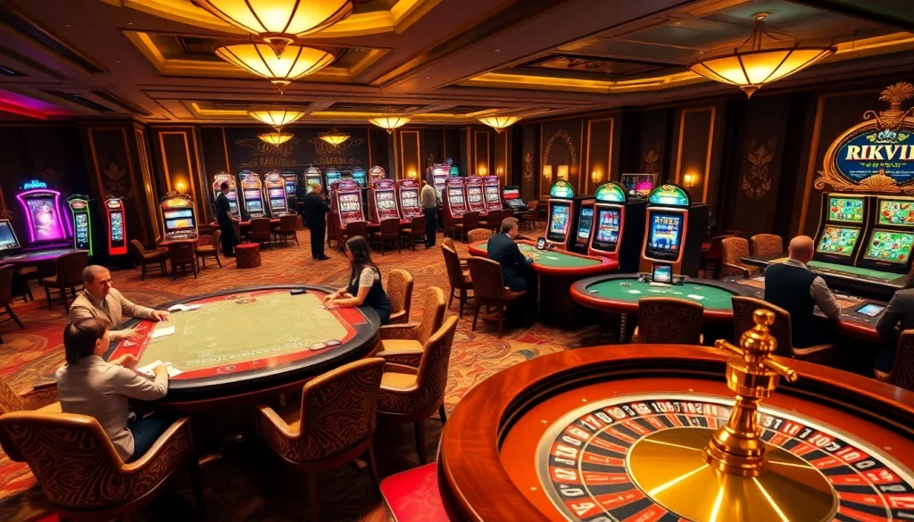 Players enjoying top-tier games at RIKVIP casino, showcasing vibrant poker chips and exciting card action.