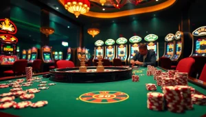 SODO casino players engaged in an exciting roulette game with vibrant poker chips and luxurious ambiance.