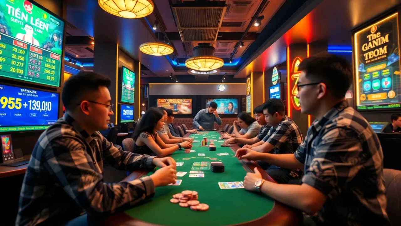 Engaged players enjoying game bài đổi thưởng in a vibrant lounge setting.