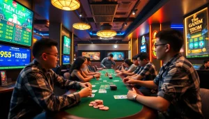 Engaged players enjoying game bài đổi thưởng in a vibrant lounge setting.