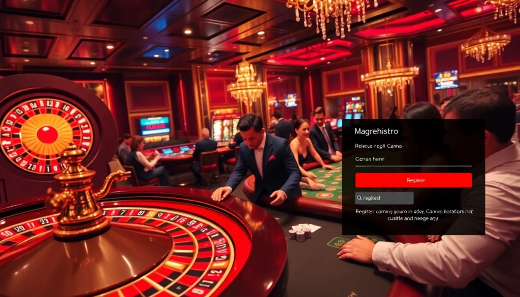 Players magrehistro at a luxury casino, engaging with roulette and poker tables.