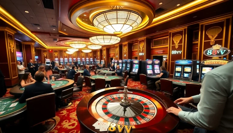 Players enjoying exciting games at a luxurious casino scene showcasing 88vv branding.
