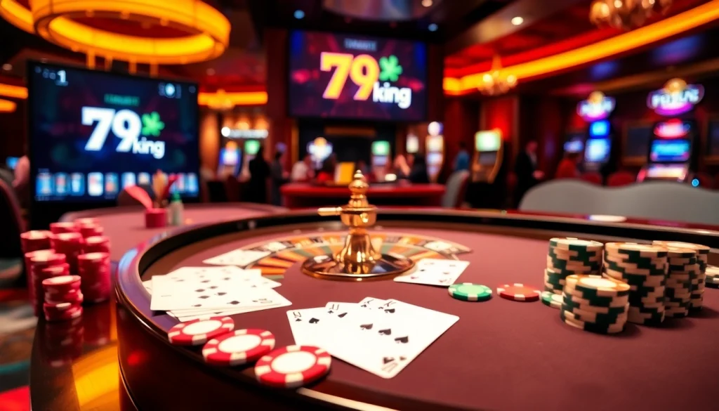 Experience thrilling bets at 79king's glamorous casino table with poker chips and cards.
