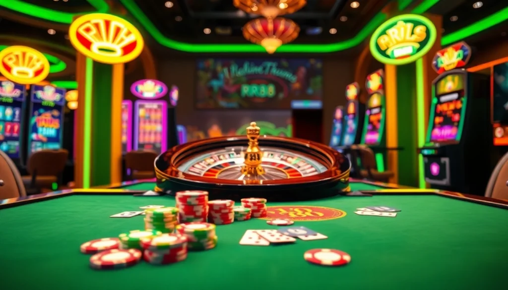 Experience thrilling gambling at RR88 with vibrant casino tables and colorful slot machines.