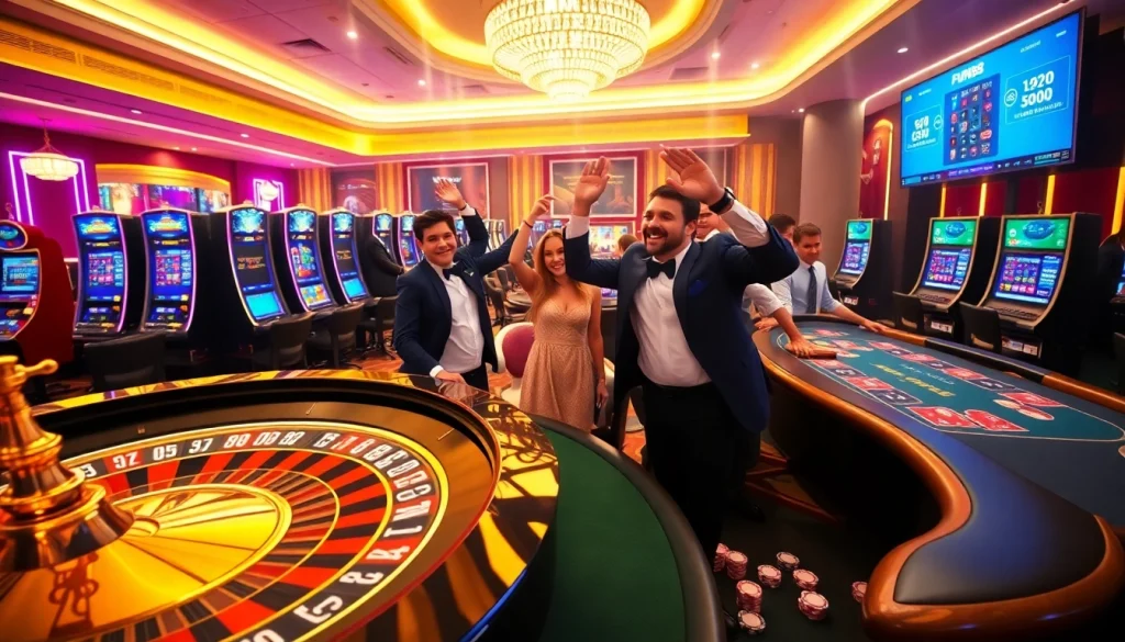 Exciting Fun88 casino scene with roulette wheel and players celebrating wins.