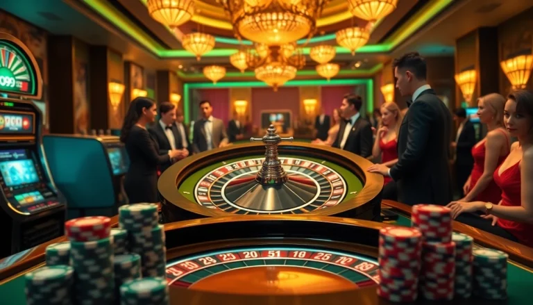 Players engaging in thrilling gambling activities at a luxurious Go99 casino scene featuring roulette and poker.