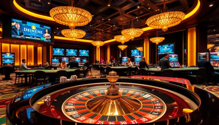 Exciting casino scene showcasing gaming tables and decor inspired by DF999, emphasizing luxury and gambling thrill.