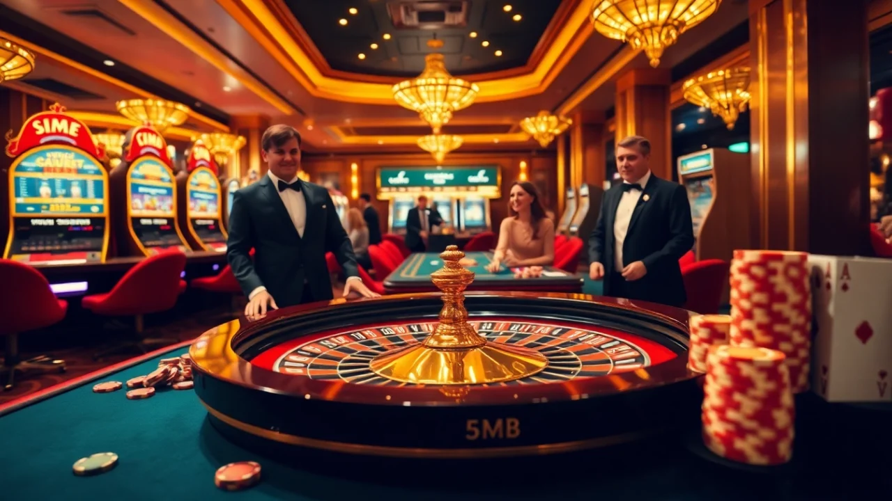 A lively casino scene showcasing the thrill of gambling, with a roulette table, chips, and the keyword 5MB integrated into the ambiance.